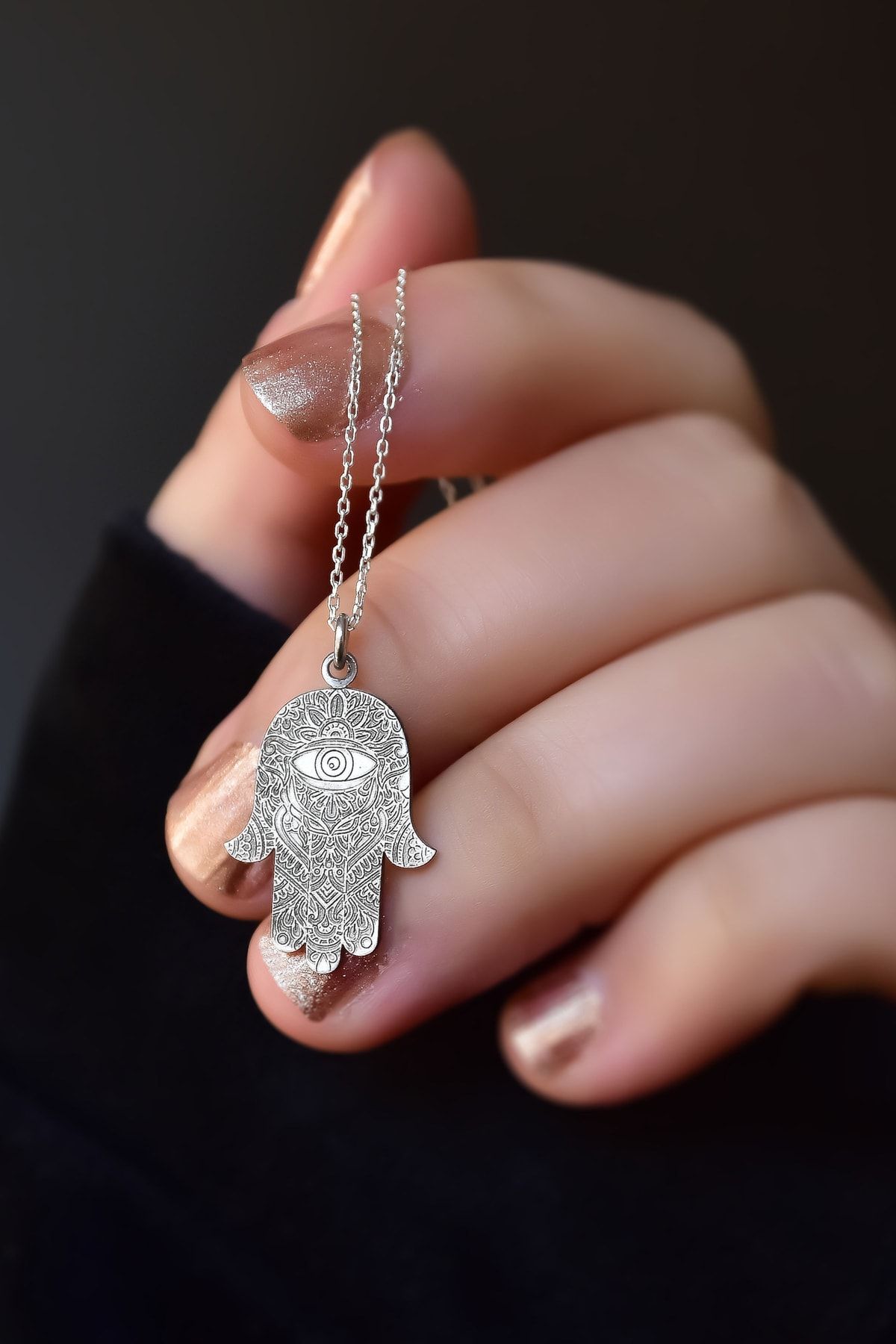 925 Ayar Gümüş Antik Ve Etnik Desenli, Vintage Fatmaeli Kolye