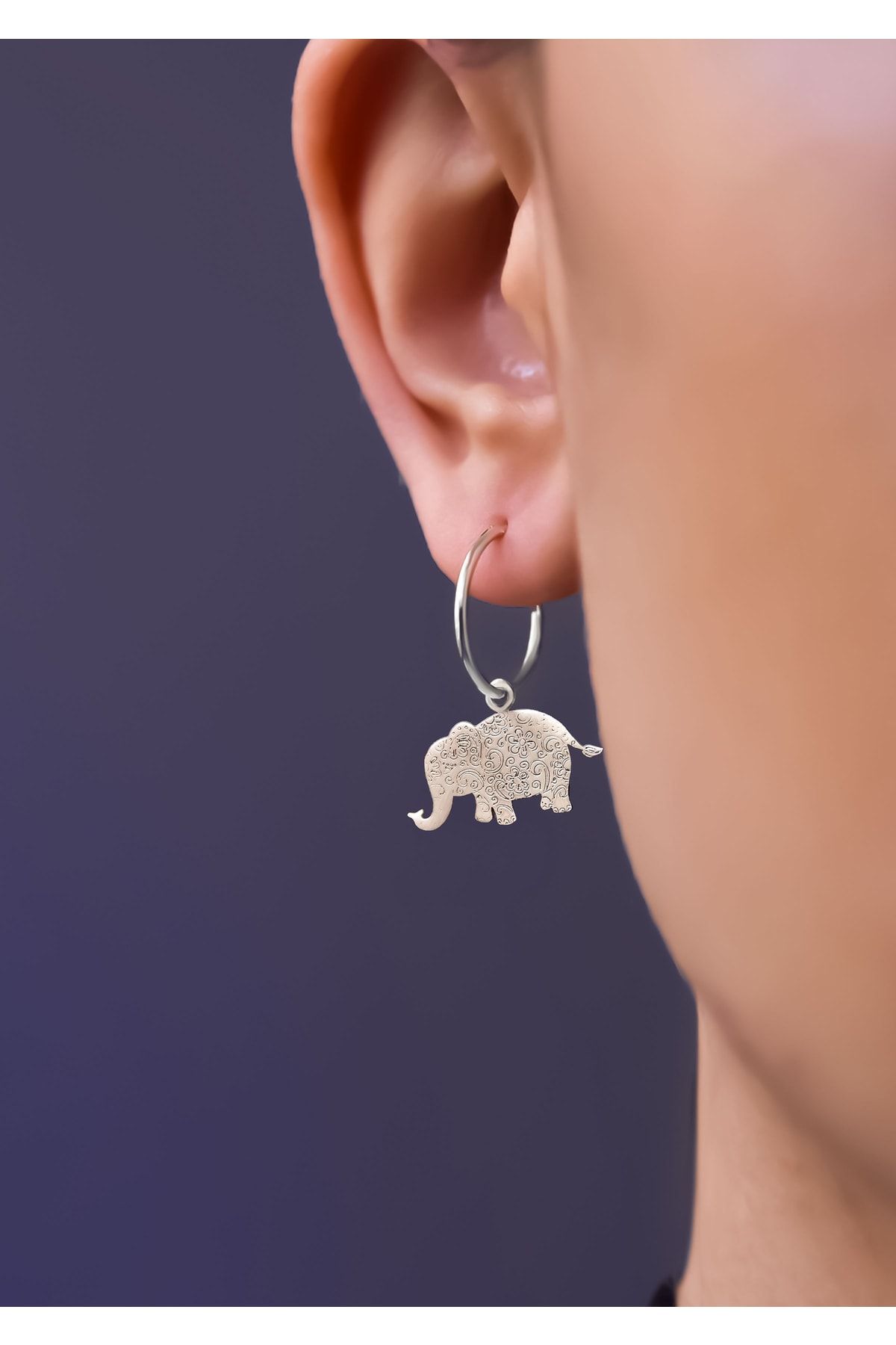 925 Ayar Gümüş Antik Ve Etnik Desenli, Vintage Fil Halka Küpe