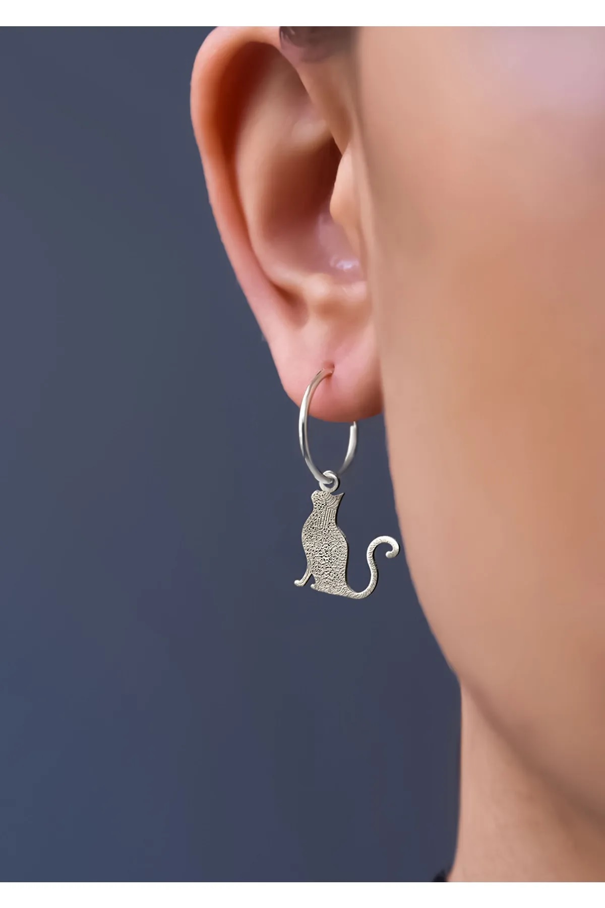 925 Ayar Gümüş Antik Ve Etnik Desenli, Vintage Kedi Halka Küpe