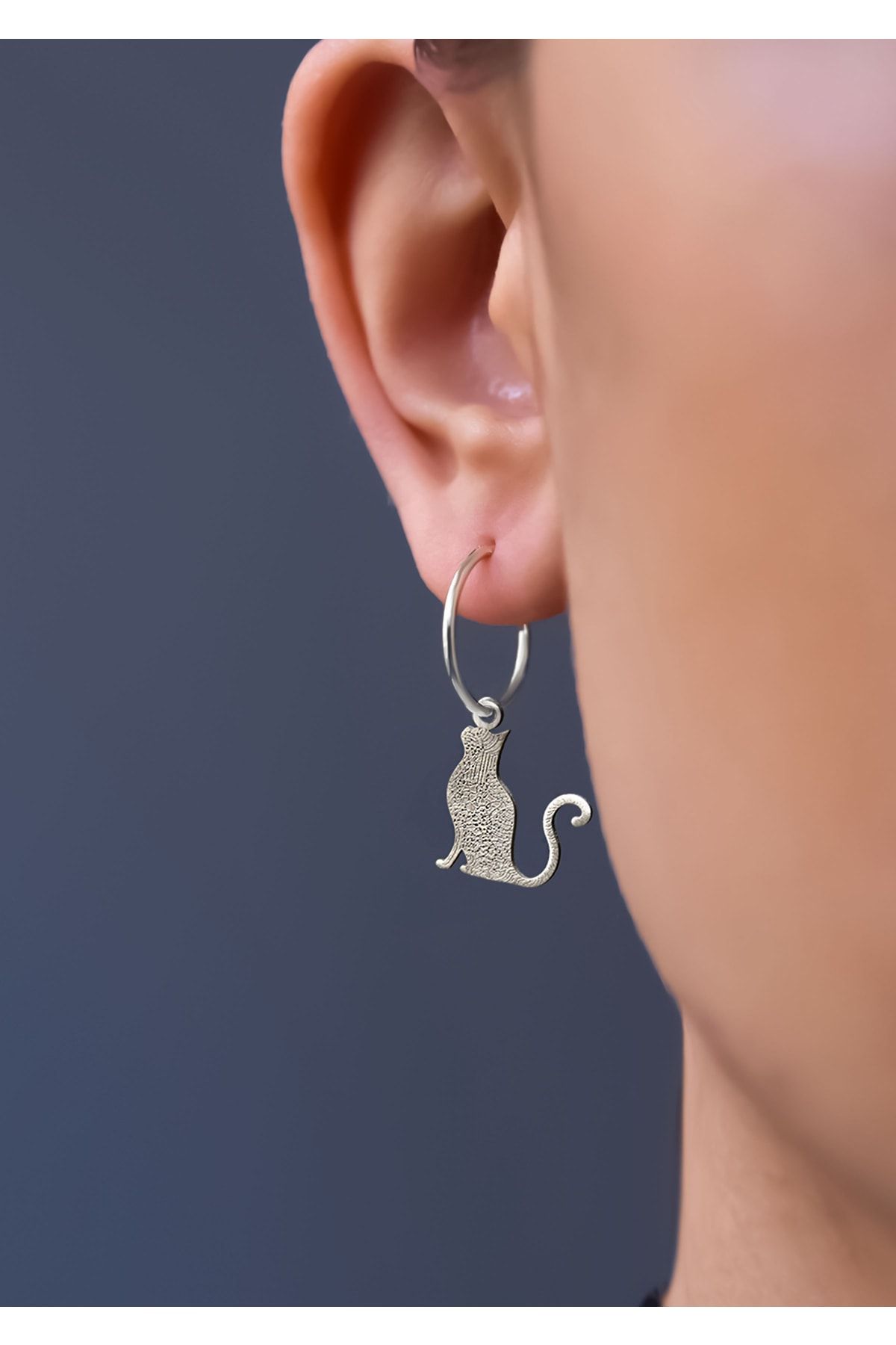 925 Ayar Gümüş Antik Ve Etnik Desenli, Vintage Kedi Halka Küpe