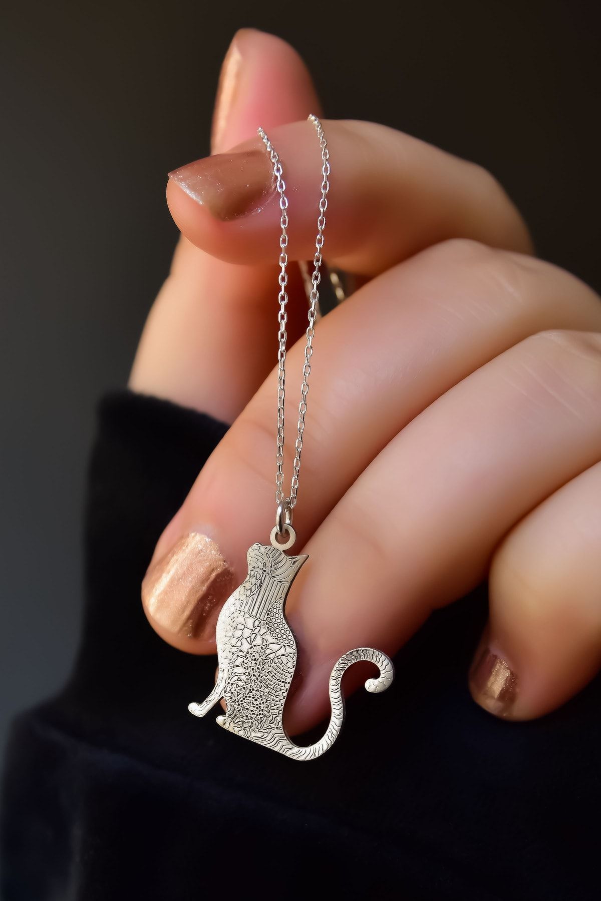 925 Ayar Gümüş Antik Ve Etnik Desenli, Vintage Kedi Kolye