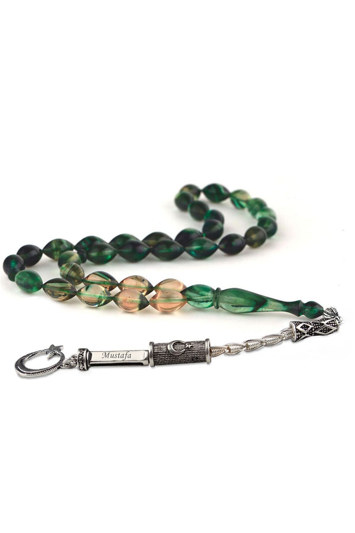 925 Ayar Gümüş Arpa Kesim Sıkma Kehribar Tesbih