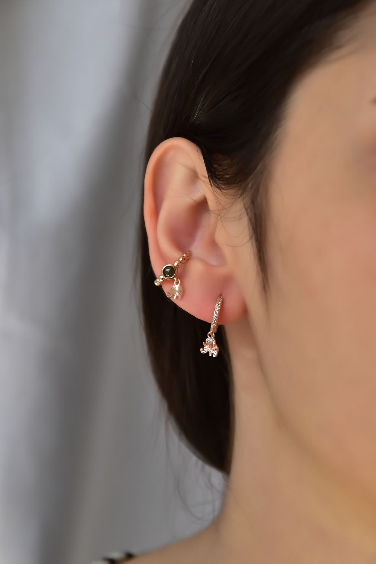 925 Ayar Gümüş Ay Taşlı Fil Figürlü Kıkırdak Küpe Ve Zirkon Taşlı Fil Halka Kombin Küpe