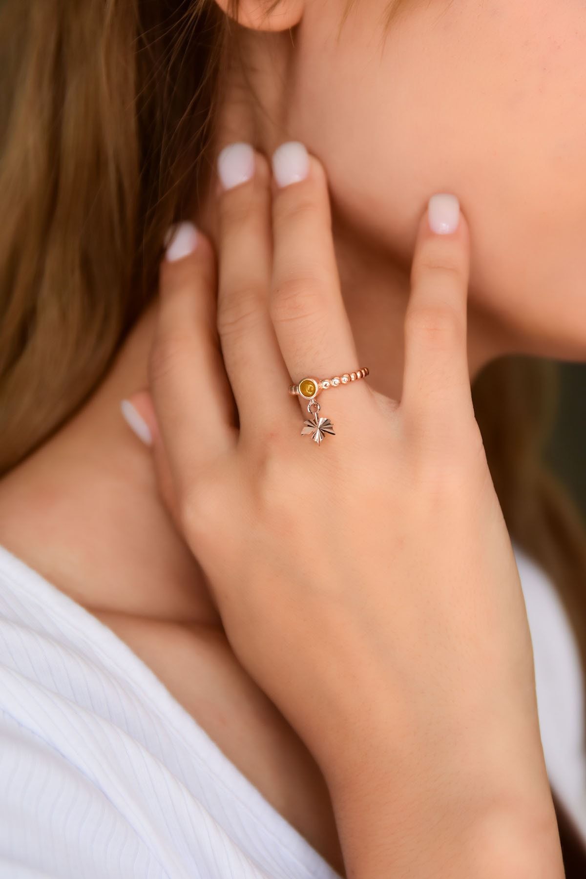 925 Ayar Gümüş Bal Rengi Ay Taşlı Çınar Motifli Ayarlanabilir Kadın Yüzük