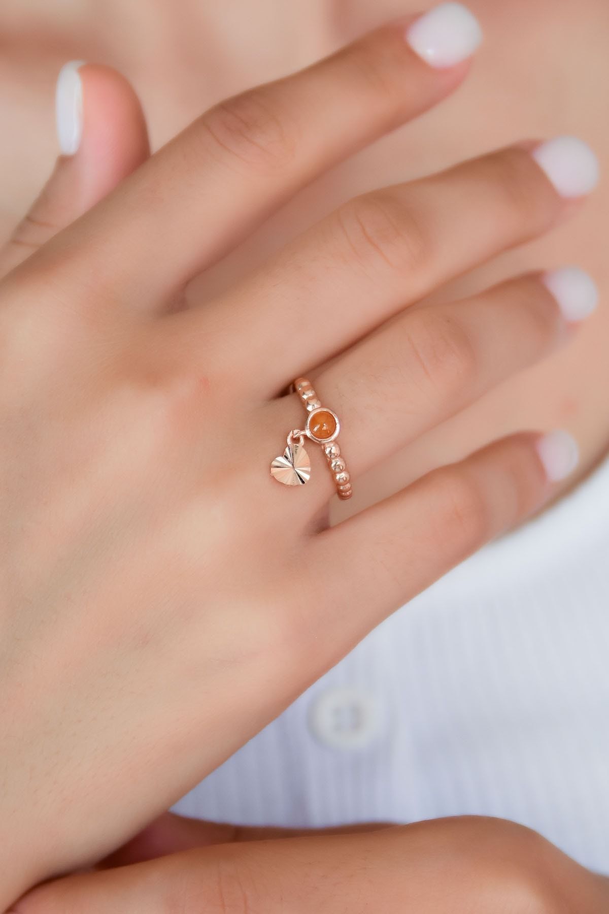 925 Ayar Gümüş Bal Rengi Ay Taşlı Kalp Motifli Ayarlanabilir Kadın Yüzük