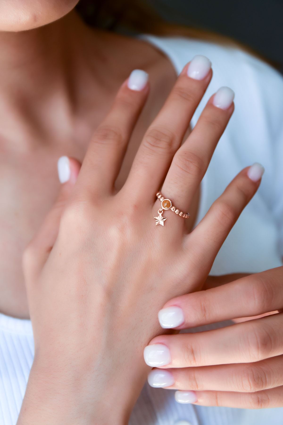 925 Ayar Gümüş Bal Rengi Ay Taşlı Yıldız Motifli Ayarlanabilir Kadın Yüzük