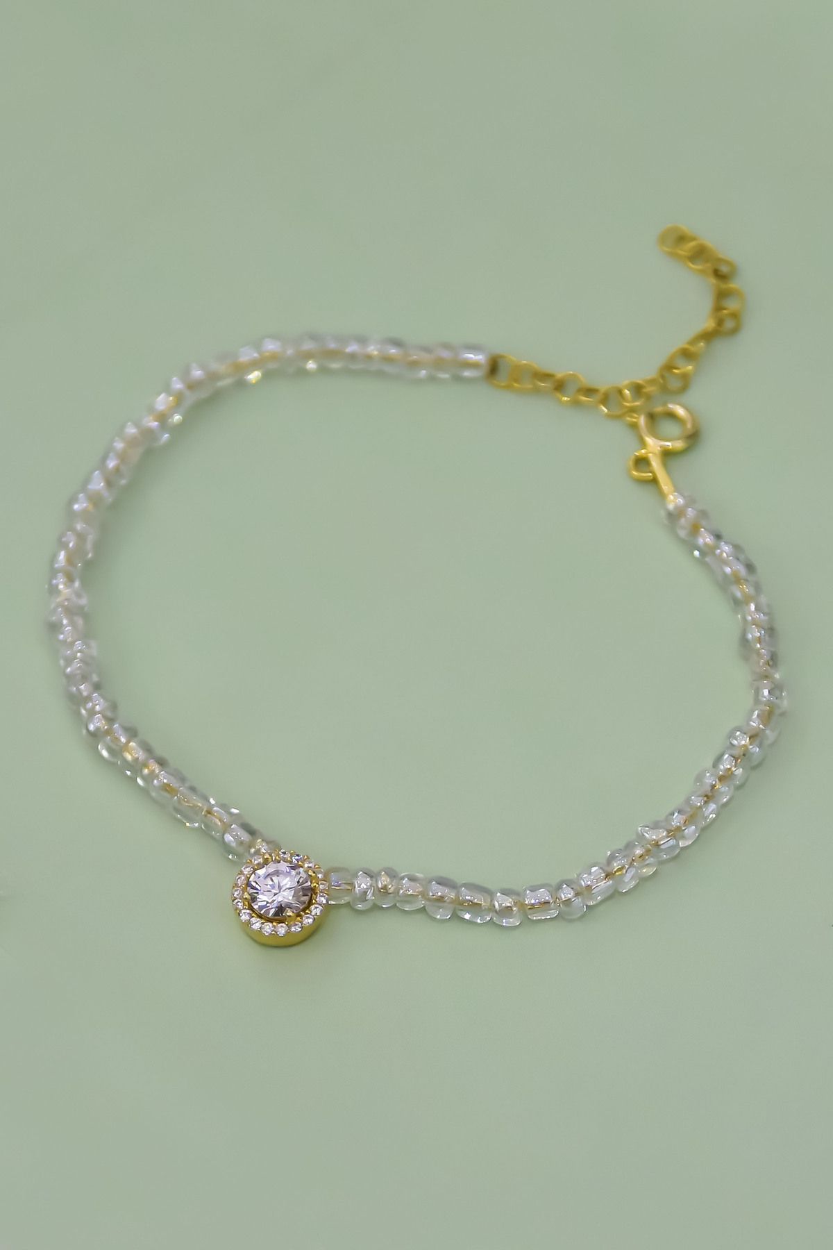 925 Ayar Gümüş Beyaz Boncuklu, Tek Taş Bileklik.rose.gold.rodaj