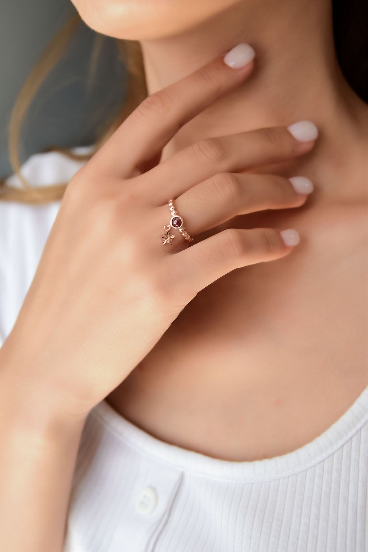 925 Ayar Gümüş Bordo Ay Taşlı Yıldız Motifli Ayarlanabilir Kadın Yüzük