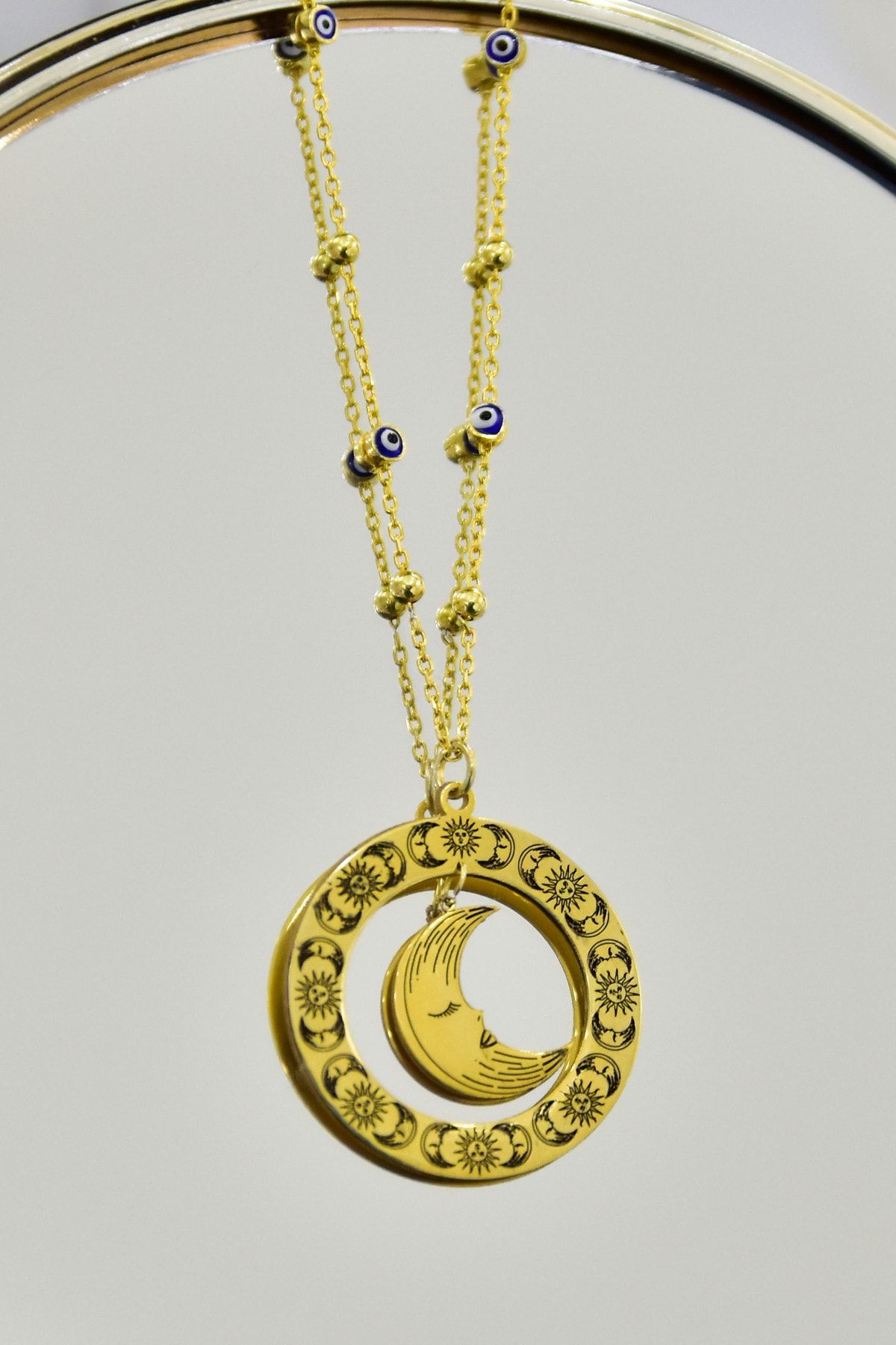 925 Ayar Gümüş Doğanın Güçleri Çemberli, Yenilenme Tılsımı Ay Sallantılı Nazar Mineli Zincirli Kolye