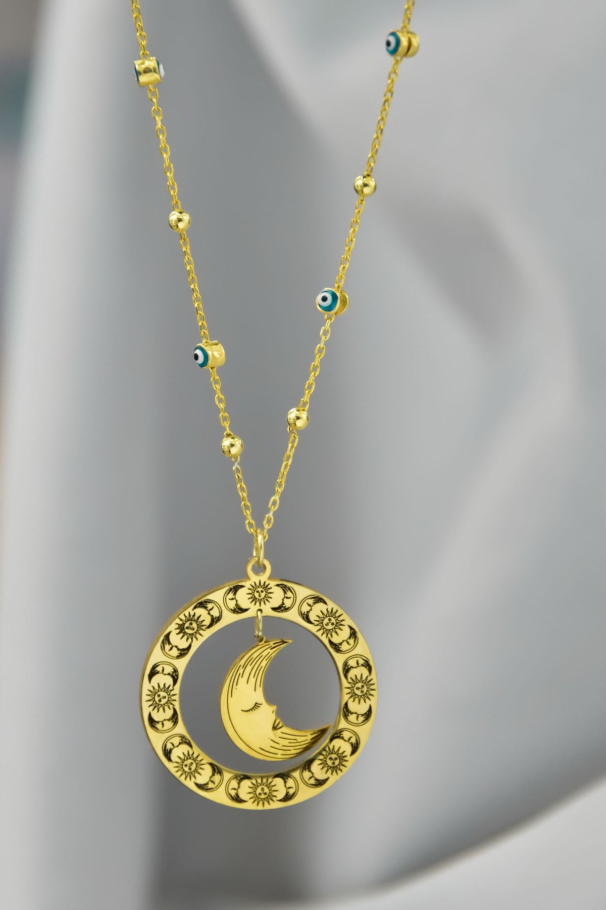925 Ayar Gümüş Doğanın Güçleri Çemberli, Yenilenme Tılsımı Ay Sembolü Firuze Mineli Zincirli Kolye