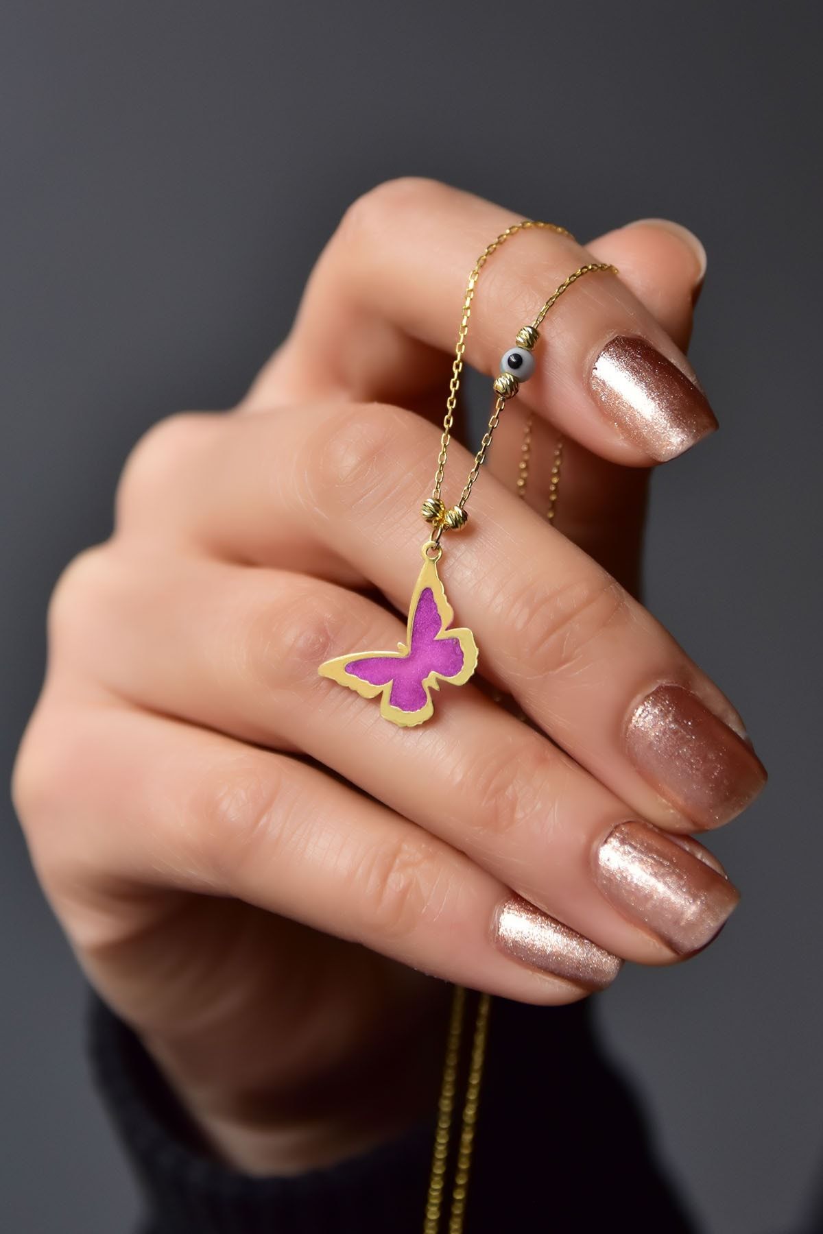 925 Ayar Gümüş Dorika Gözlü Parlayan Rüya Serisi Tasarım Ebruli Cam Boyalı Kelebek Kolye