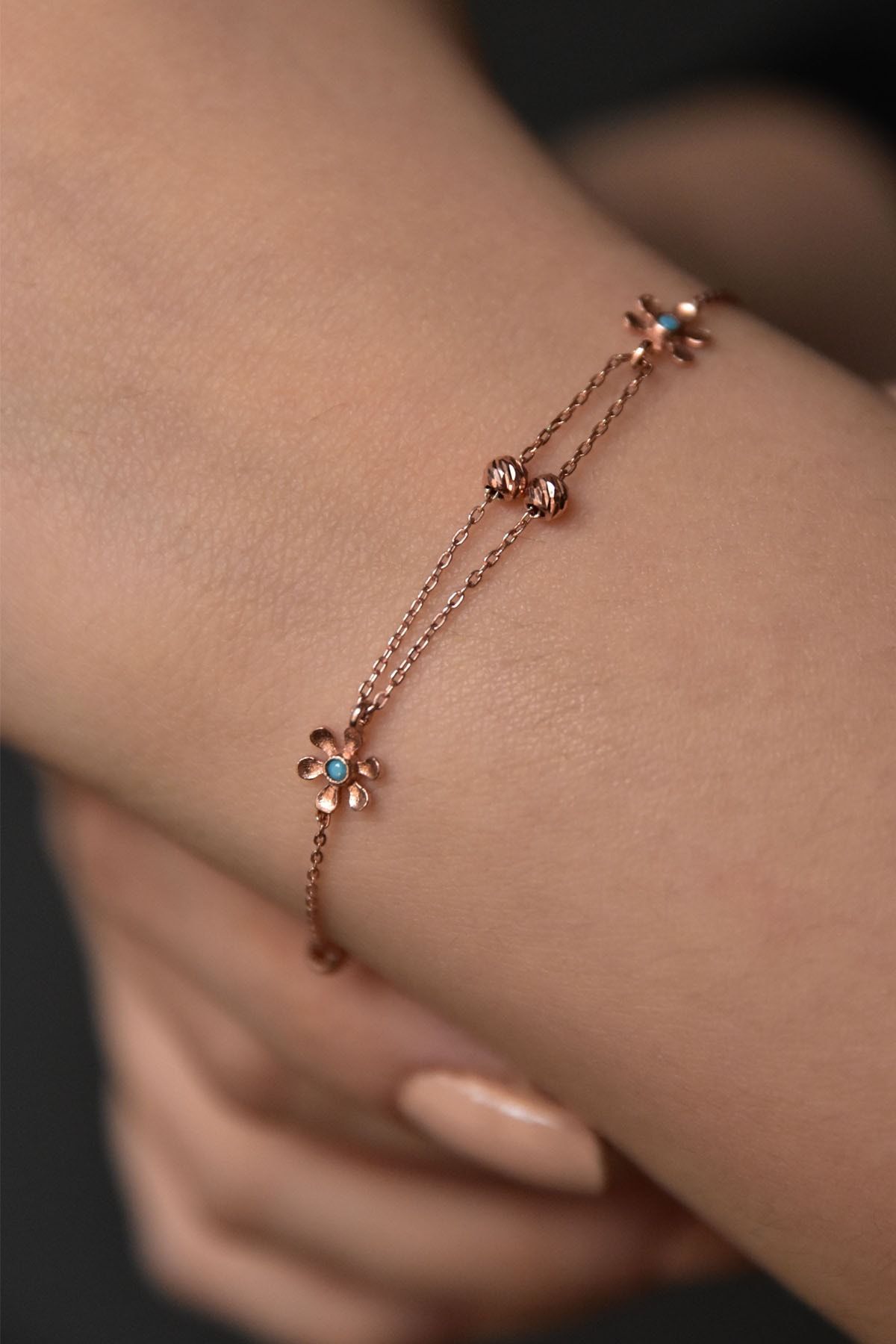 925 Ayar Gümüş Dorika Toplu Firuze Papatya Kadın Bileklik