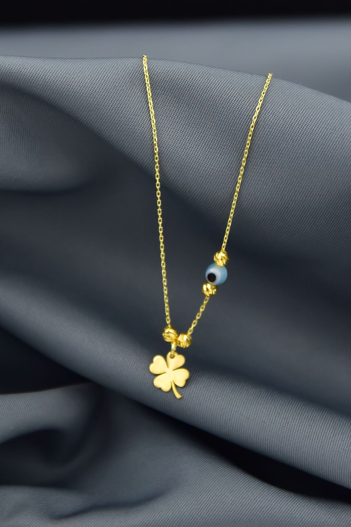 925 Ayar Gümüş Dorika Toplu Nazar Gözlü Yonca Kolye Altın Kaplama