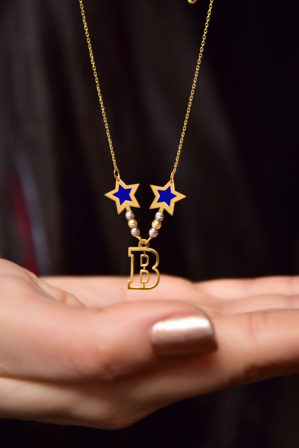 925 Ayar Gümüş Dorikalı Parlayan Rüya Serisi Tasarım Ebruli Cam Boyalı Yıldız Harfli Kolye