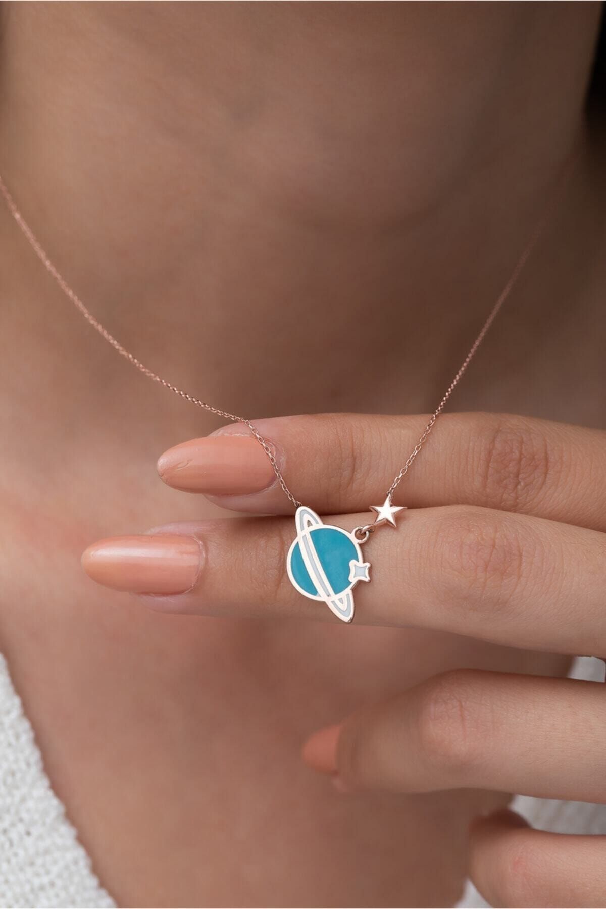 925 Ayar Gümüş Gezegen Kolye Mavi Mine Dolgulu Rose Altın Kaplama