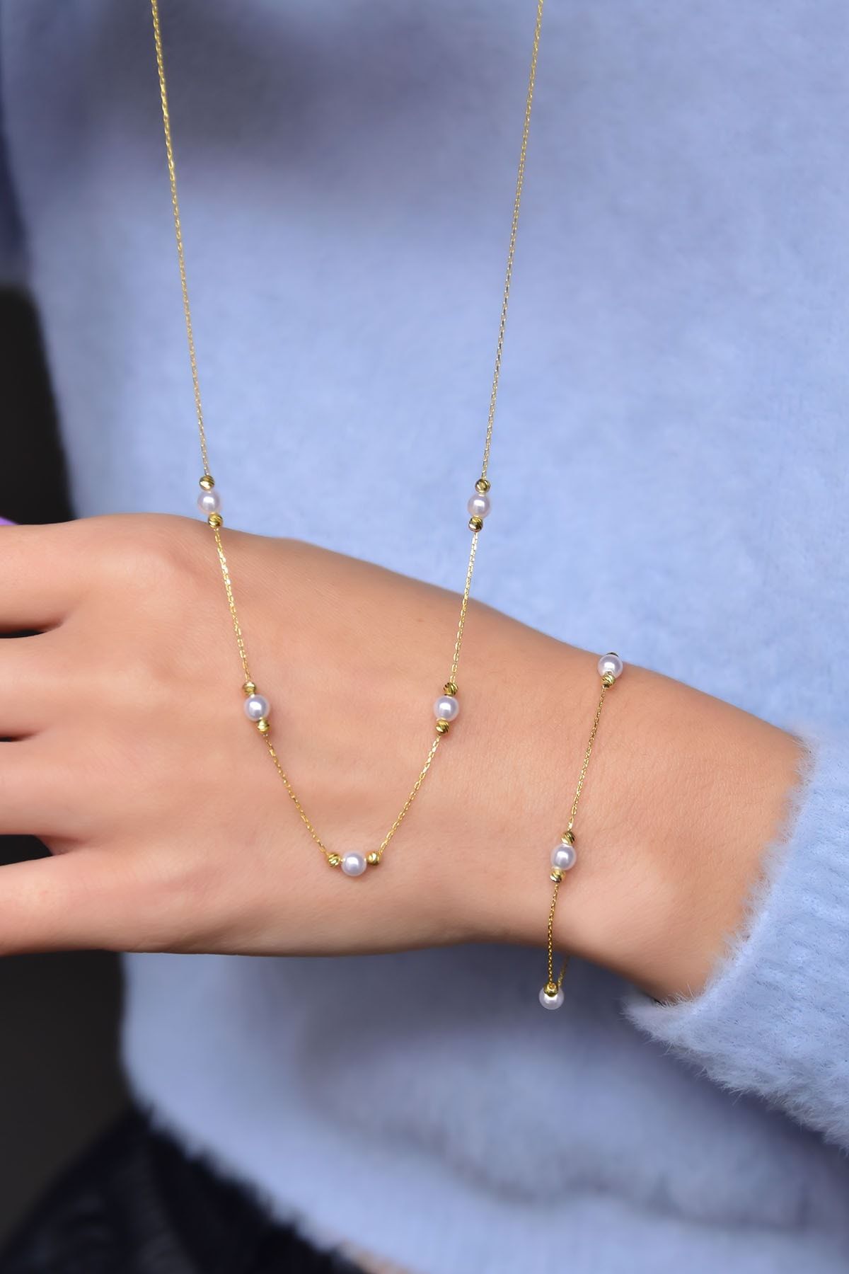 925 Ayar Gümüş Gold Dorika Toplu Incili Kolye Bileklik Set Uvpts600002