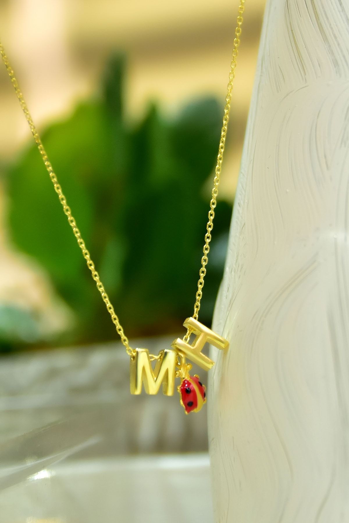 925 Ayar Gümüş Gold Kaplama 3d Boyutlu Iki Harf Uğur Böceği Kolye