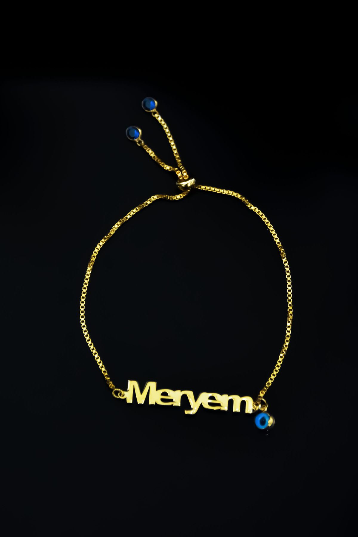 925 Ayar Gümüş Gold Kaplama Asansörlü Cam Gözlü Isimli Bileklik