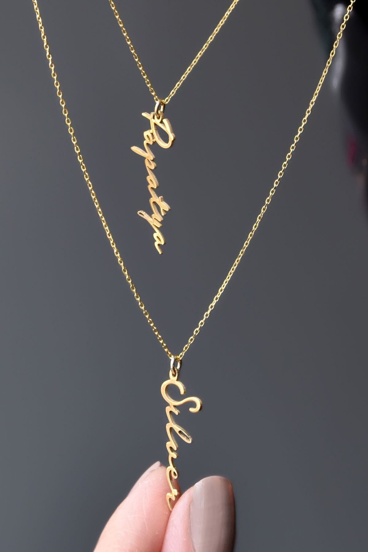 925 Ayar Gümüş Gold Kaplama Asansörlü Iki Isim Kolye