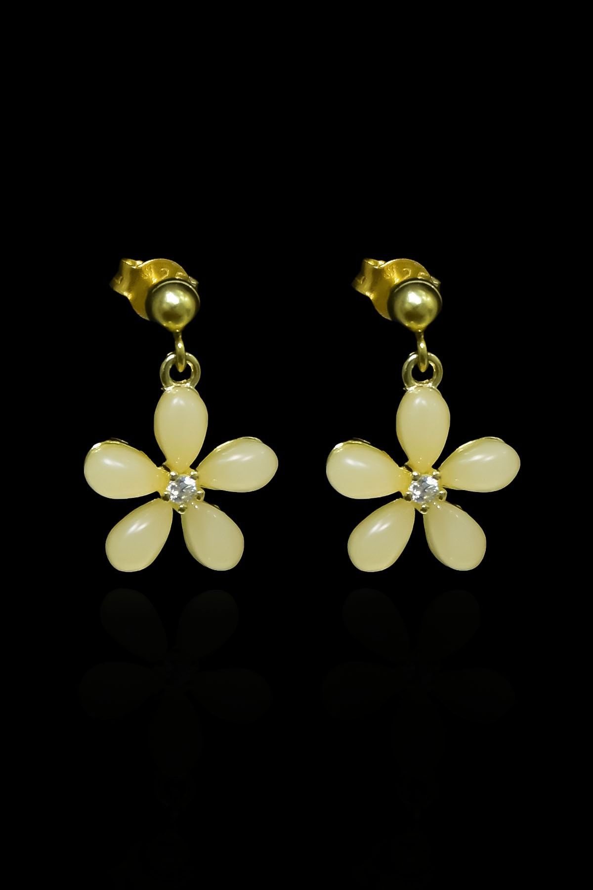 925 Ayar Gümüş Gold Kaplama Ay Taşlı Yasemin Çiçeği Çivili Küpe