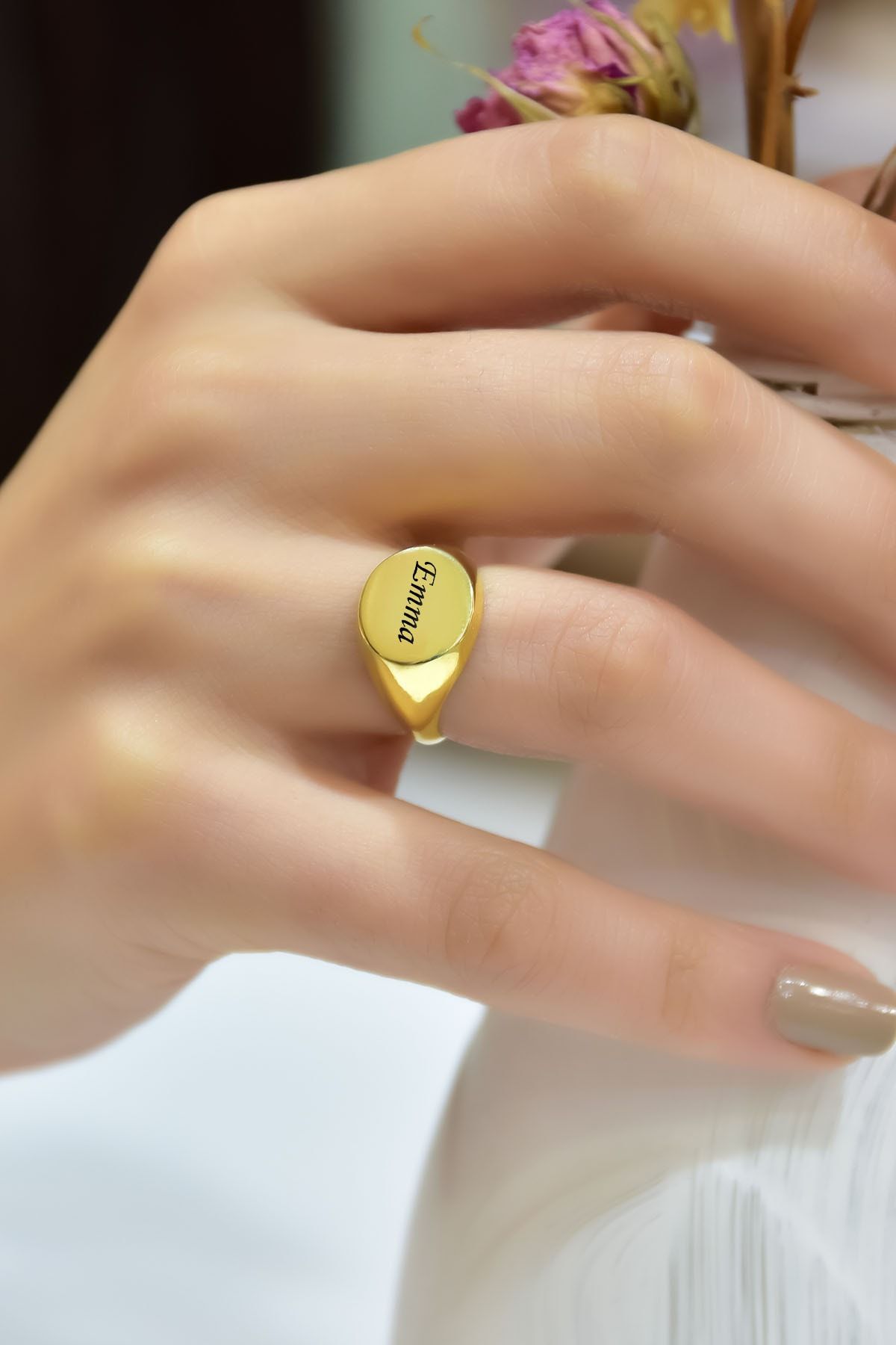 925 Ayar Gümüş Gold Kaplama Ayarlanabilir Isimli Şovalye Yüzük