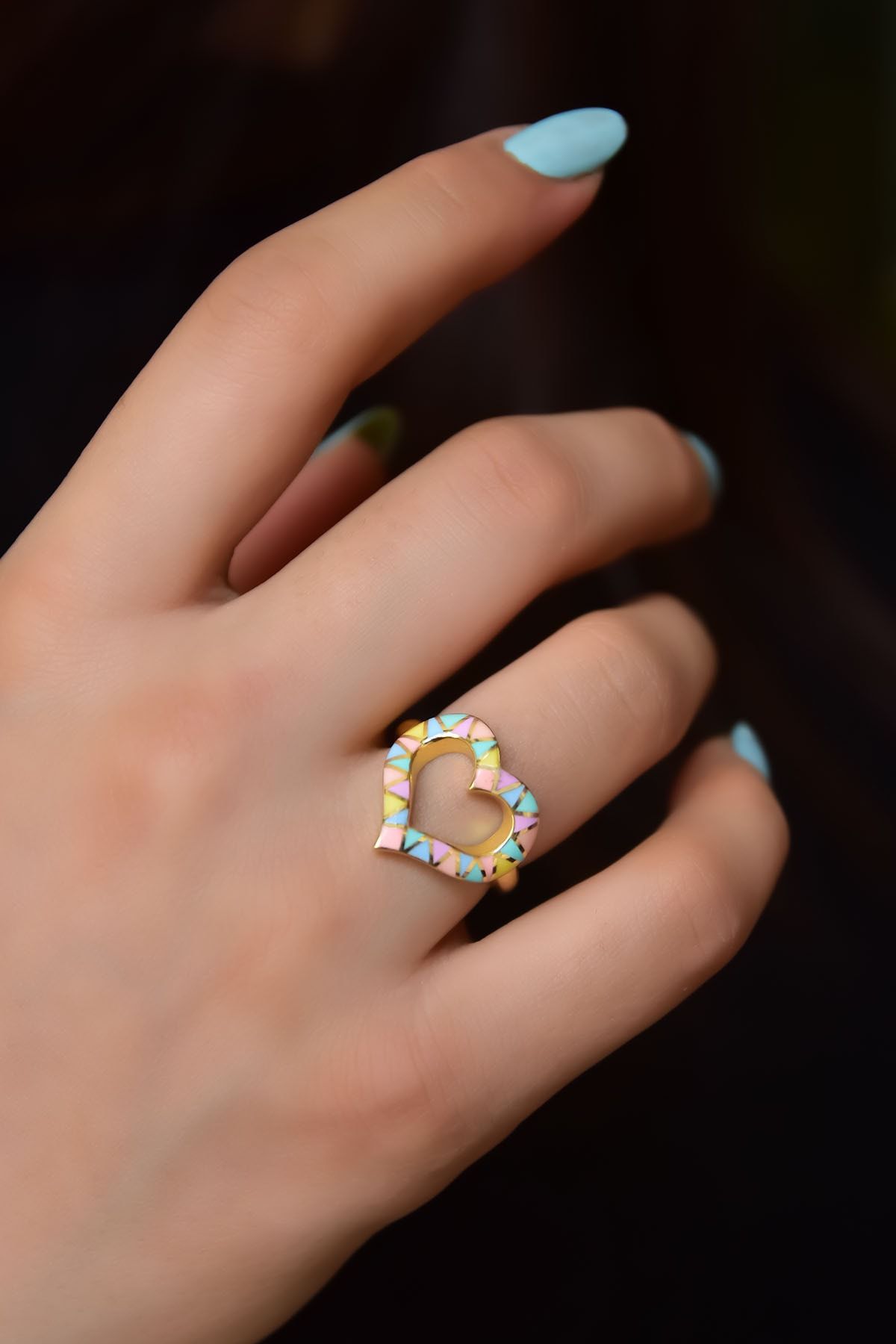 925 Ayar Gümüş Gold Kaplama Ayarlanabilir Renkli Mineli Kalp Yüzük