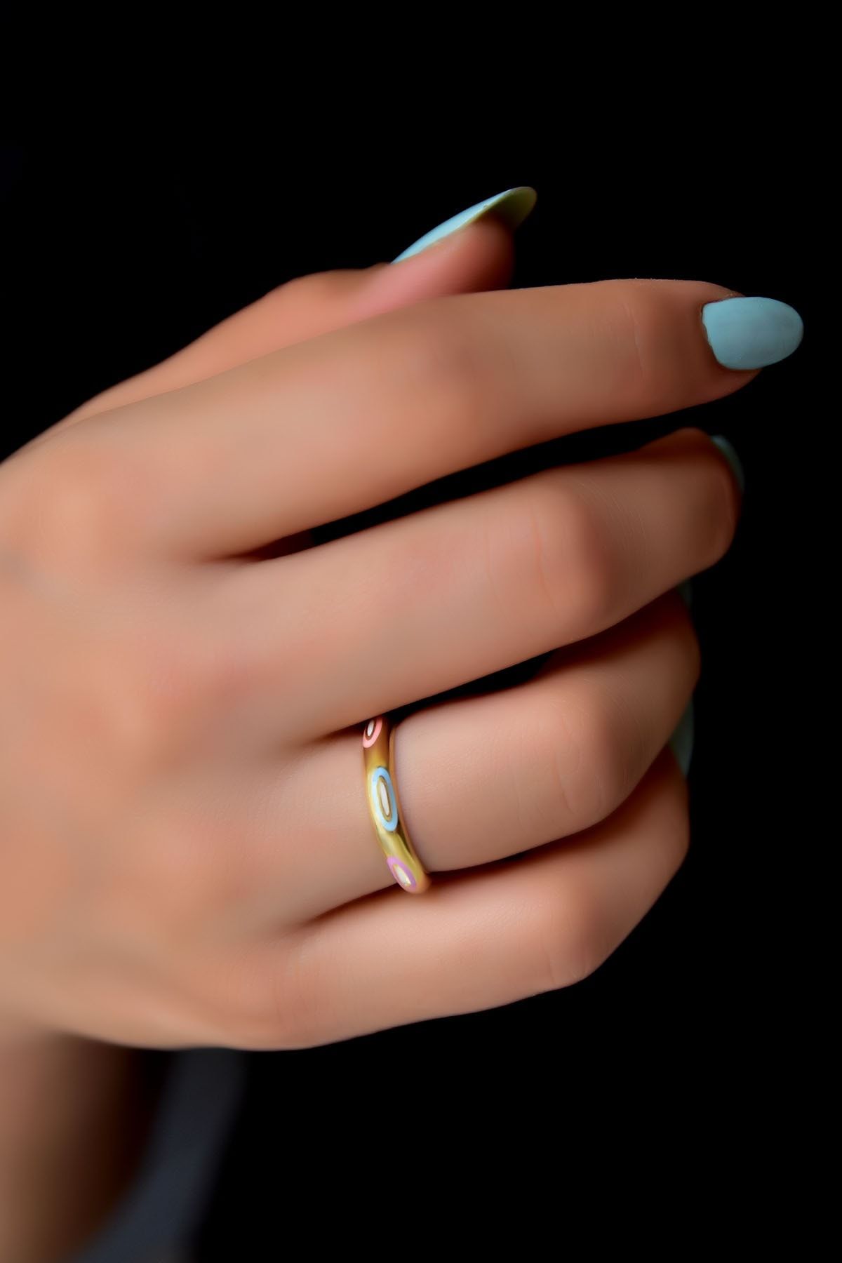 925 Ayar Gümüş Gold Kaplama Ayarlanabilir Renkli Mineli Yüzük