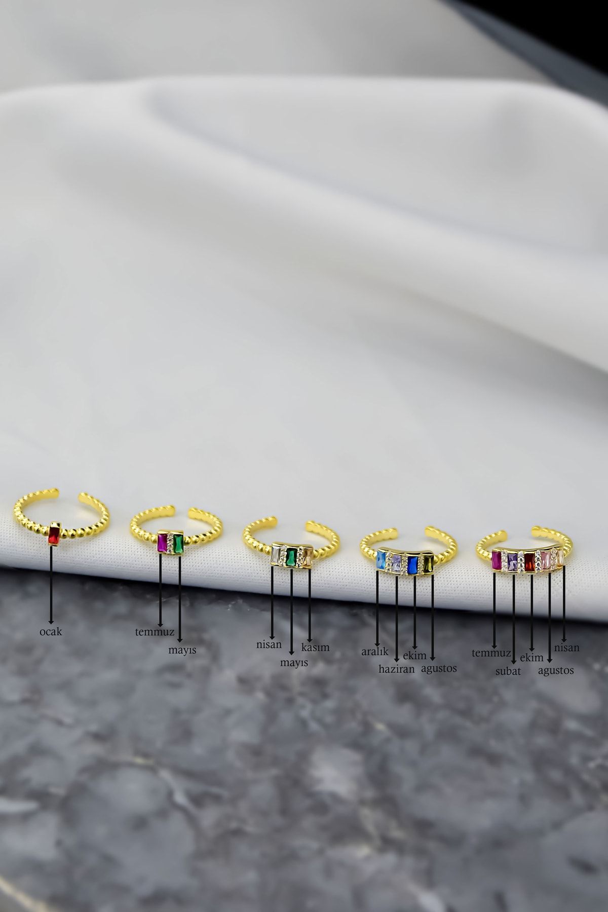 925 Ayar Gümüş Gold Kaplama Ayarlanabilir Zirkon Taşlı, Baget Doğum Taşlı Yüzük