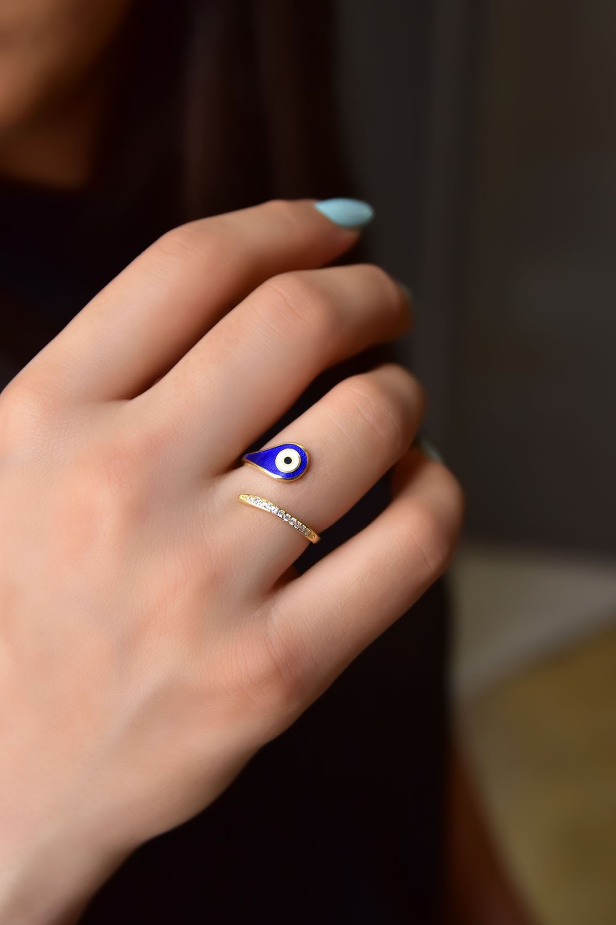 925 Ayar Gümüş Gold Kaplama Ayarlanabilir Zirkon Taşlı, Damla Mineli Nazar Göz Yüzük