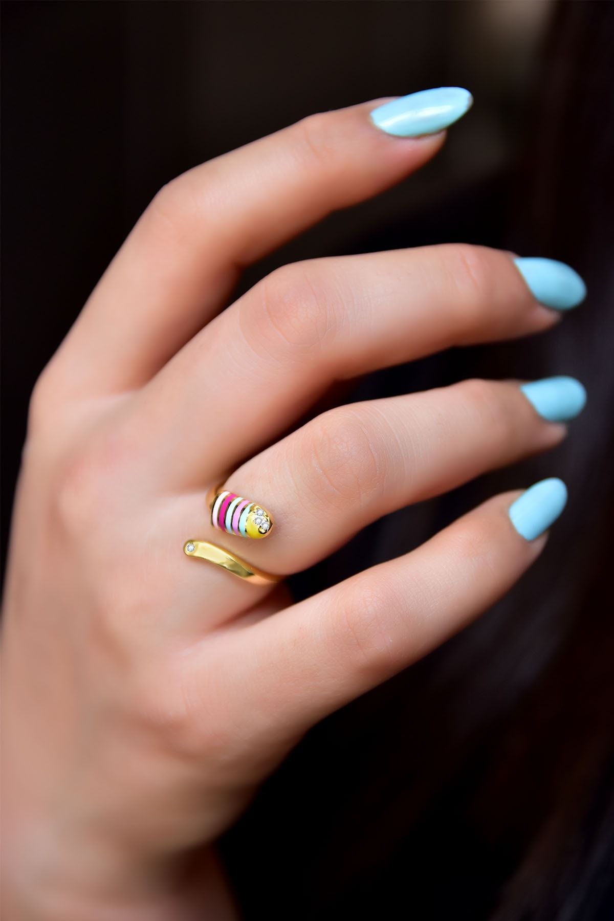 925 Ayar Gümüş Gold Kaplama Ayarlanabilir Zirkon Taşlı Renkli Mineli Yılan Yüzük