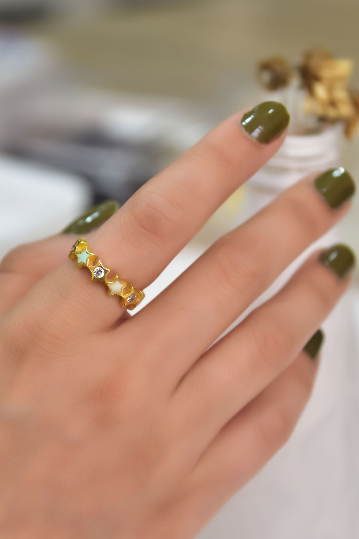 925 Ayar Gümüş Gold Kaplama Ayarlanabilir Zirkon Taşlı Renkli Mineli Yıldız Yüzük Model2