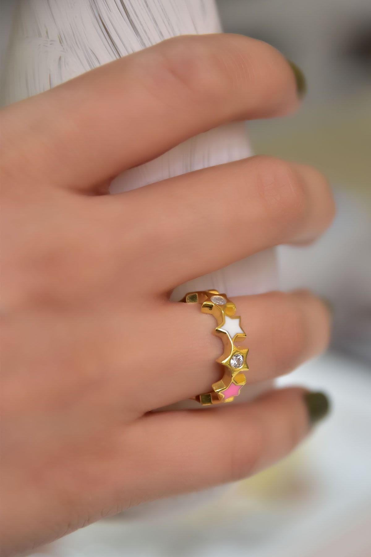 925 Ayar Gümüş Gold Kaplama Ayarlanabilir Zirkon Taşlı Renkli Mineli Yıldız Yüzük Model3