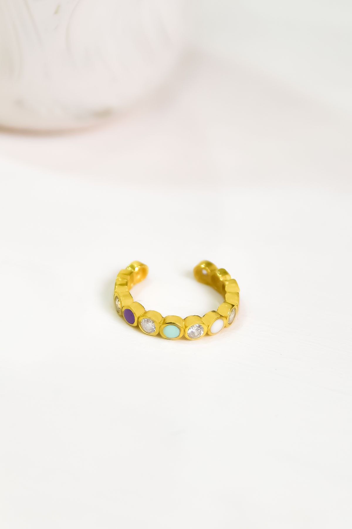 925 Ayar Gümüş Gold Kaplama Ayarlanabilir Zirkon Taşlı Renkli Mineli Yüzük Model1