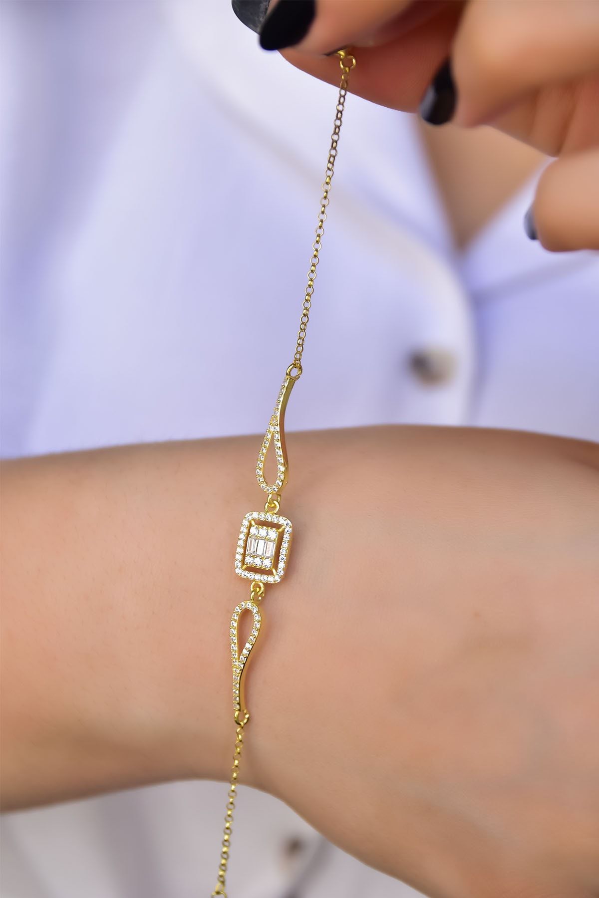 925 Ayar Gümüş Gold Kaplama Baget Taşlı Bileklik