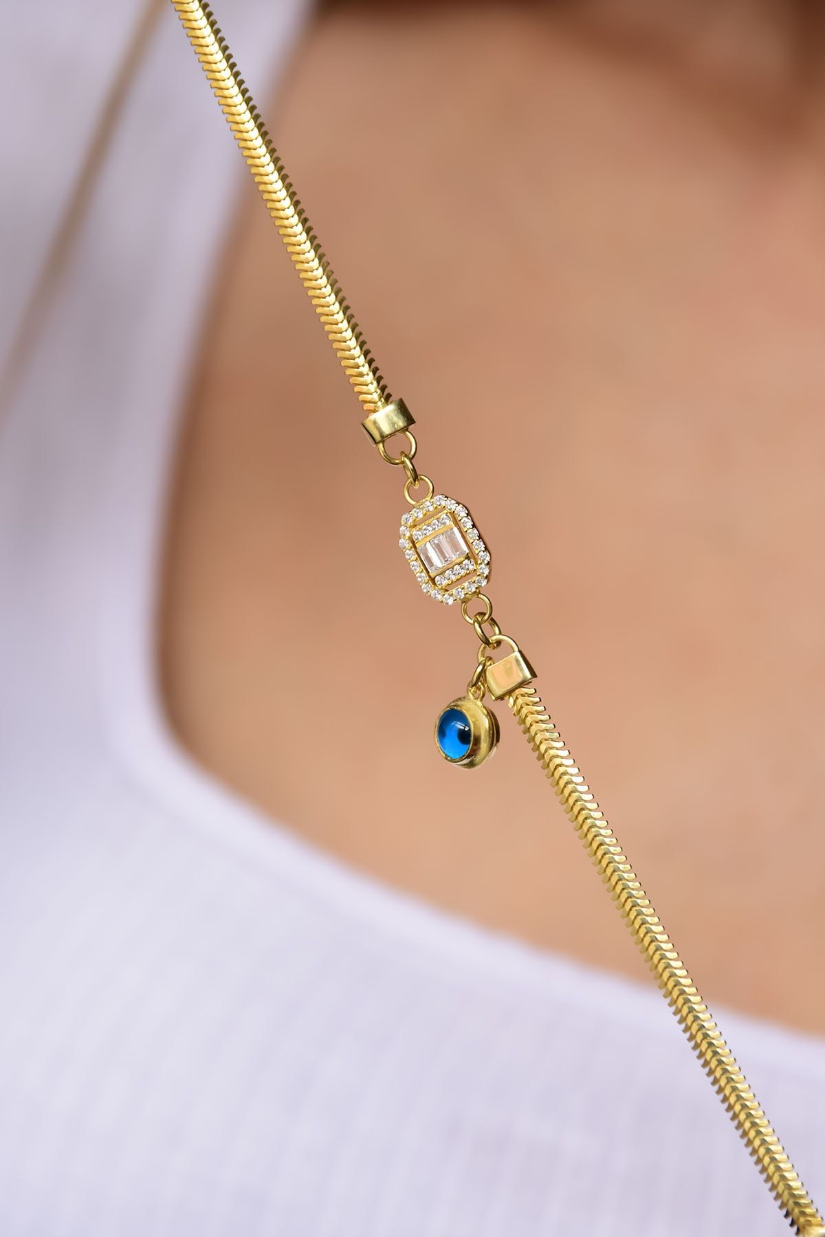 925 Ayar Gümüş Gold Kaplama Baget Taşlı Cam Göz Bileklik