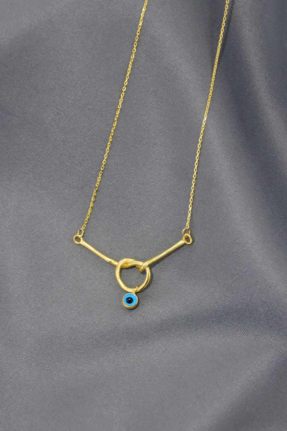 925 Ayar Gümüş Gold Kaplama Cam Göz Düğüm Kolye