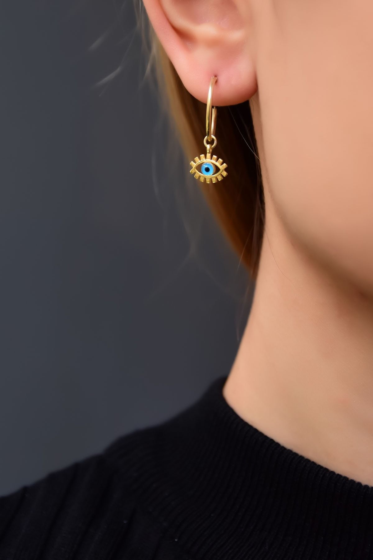 925 Ayar Gümüş Gold Kaplama Cam Göz Kirpik Halka Kadın Küpe