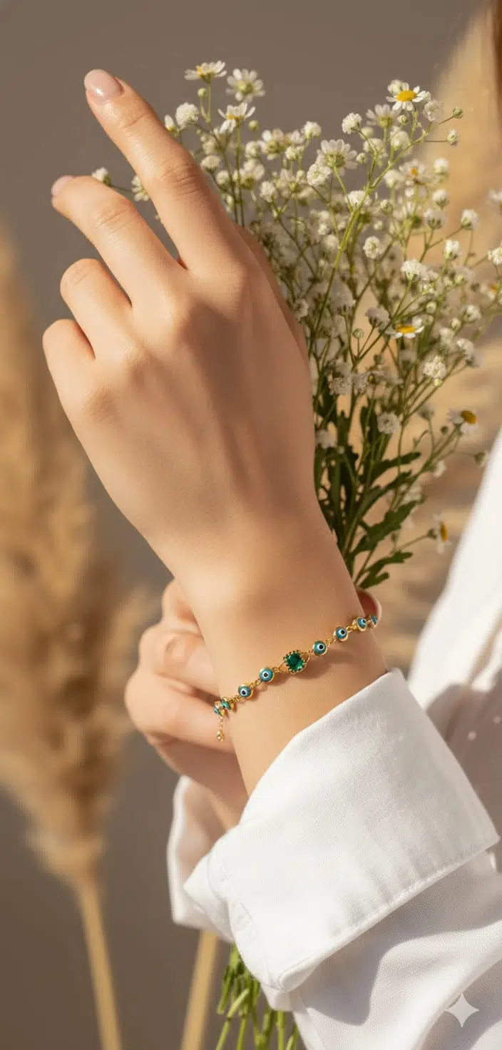 925 Ayar Gümüş Gold Kaplama Cam Göz Nazar Boncuklu Yeşim Baget Taşlı Bileklik