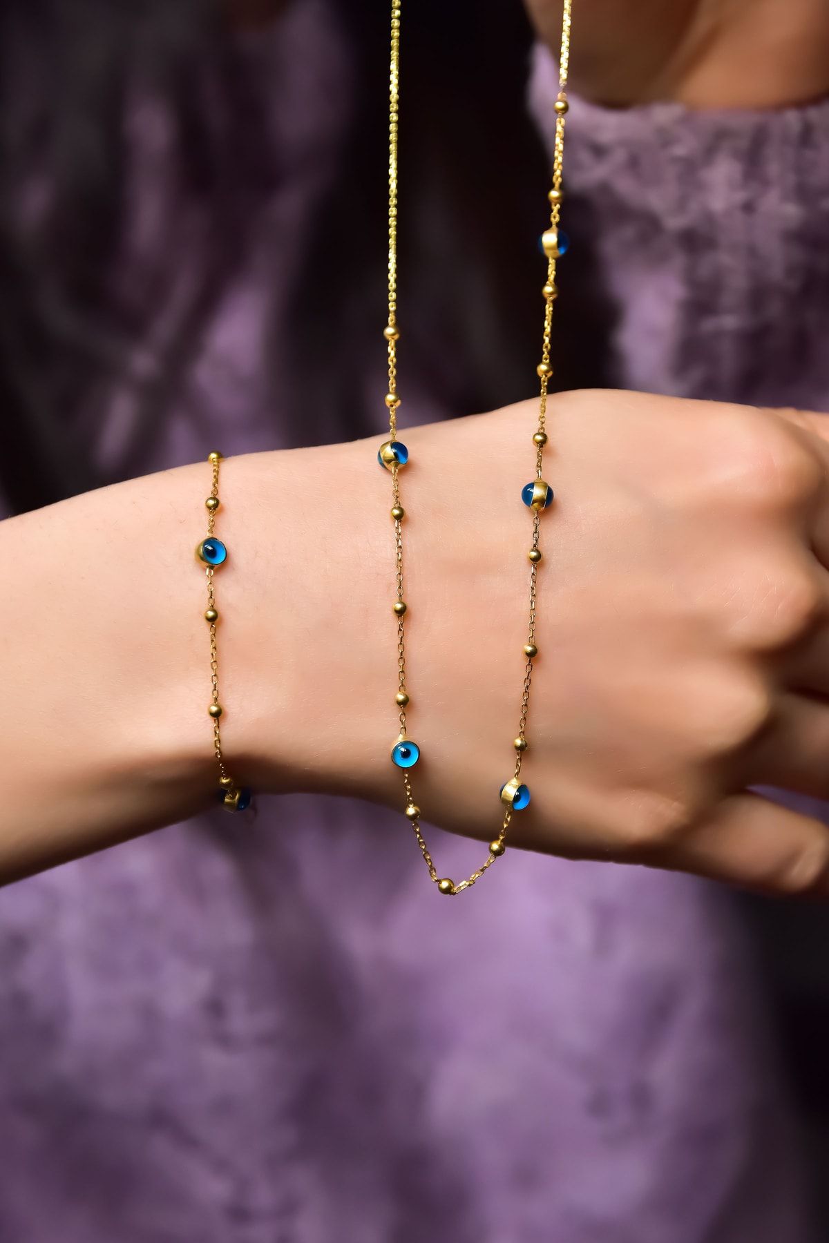 925 Ayar Gümüş Gold Kaplama Cam Göz Ve Top Kolye Bileklik Set