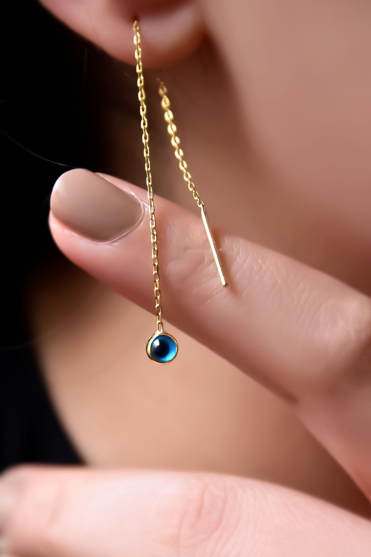 925 Ayar Gümüş Gold Kaplama Cam Göz Zincir Küpe