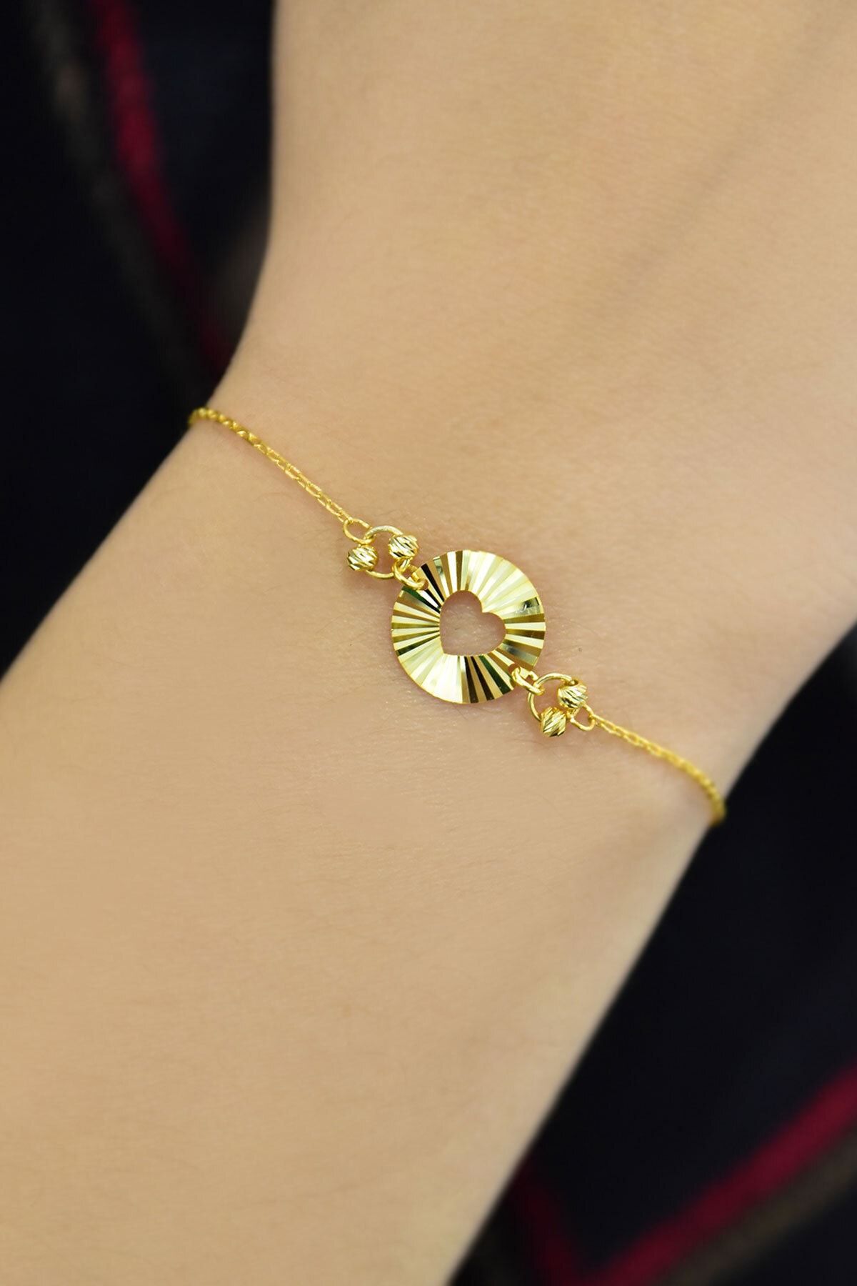 925 Ayar Gümüş Gold Kaplama Çember Kalp Kristal Kesim Bileklik