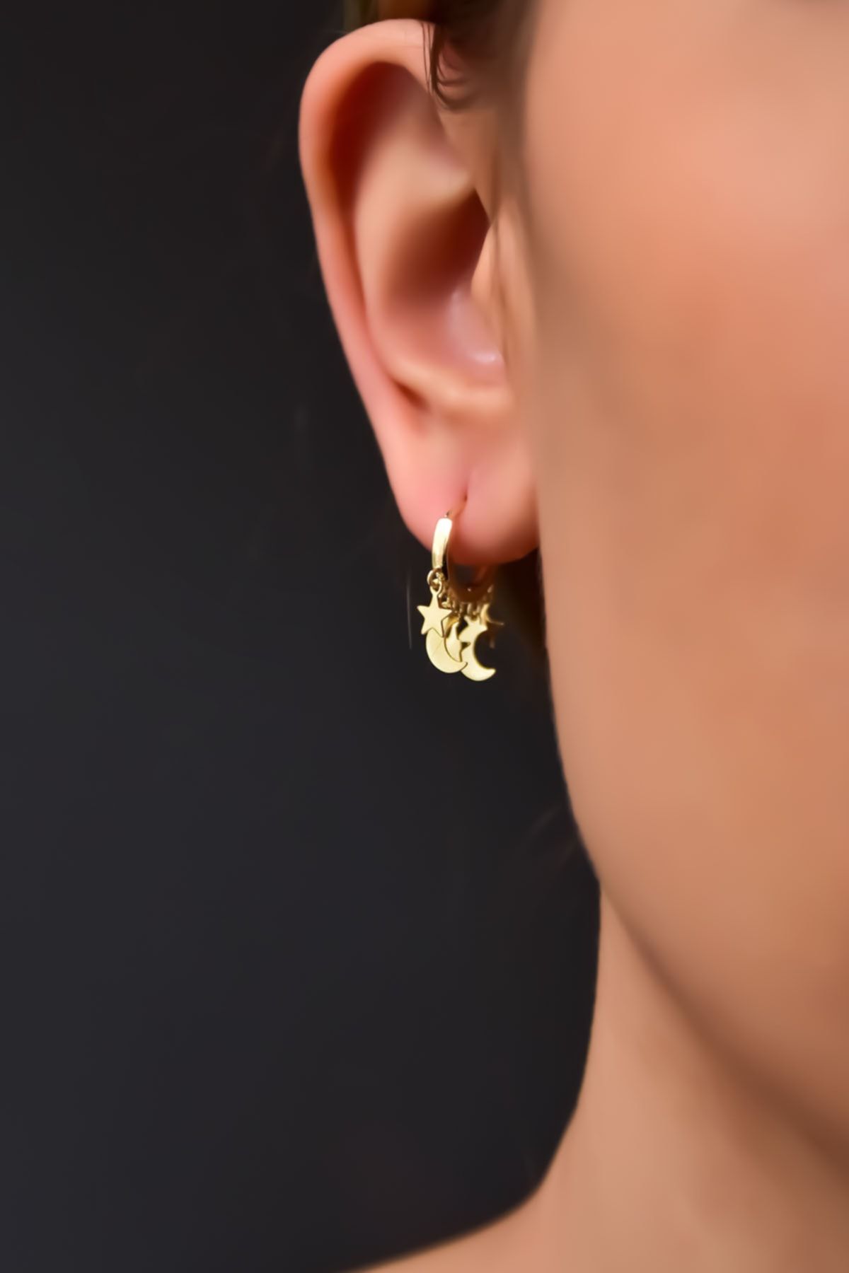 925 Ayar Gümüş Gold Kaplama Çift Plaka Hilal Ve Yıldız Halka Küpe