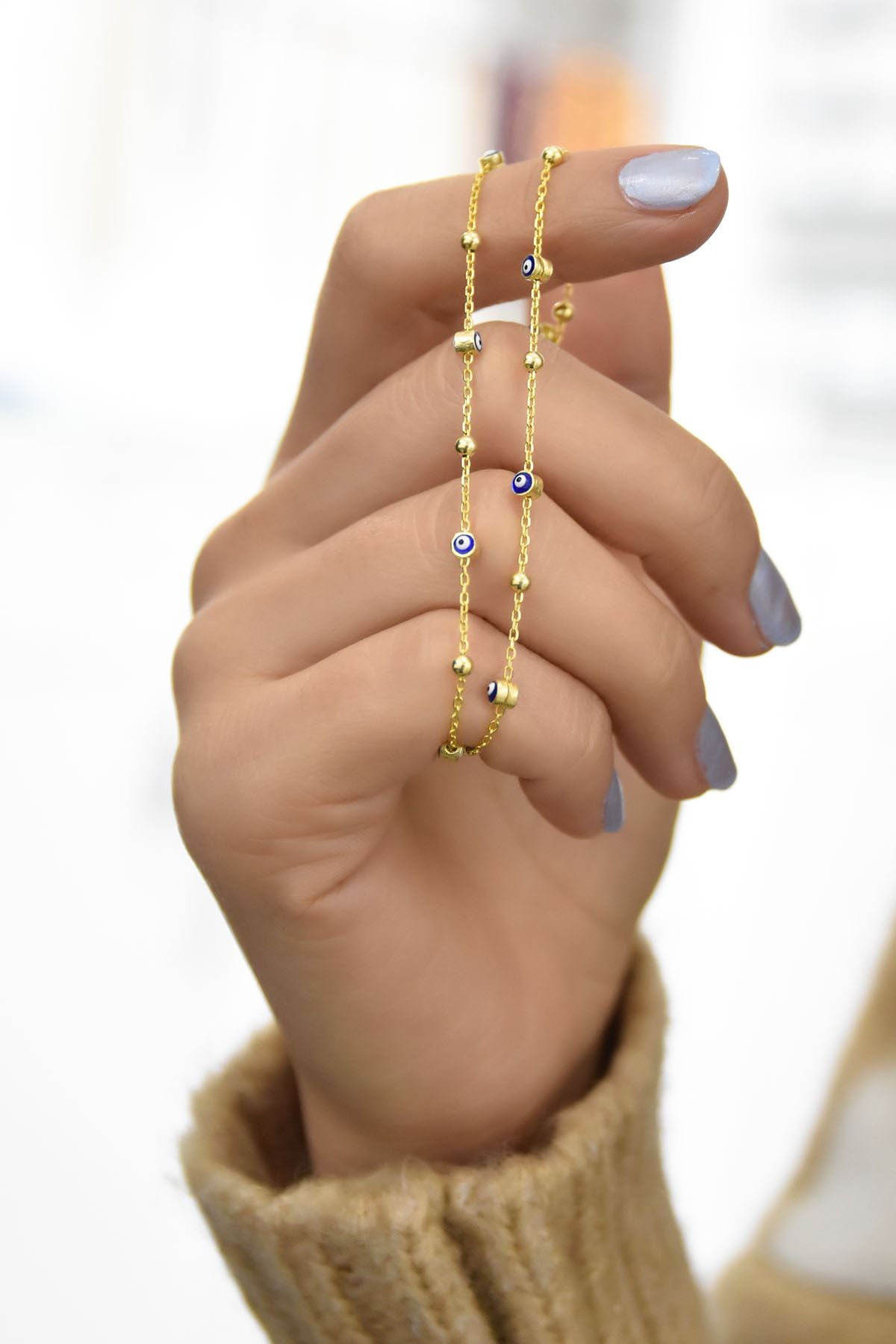 925 Ayar Gümüş Gold Kaplama Çift Zincirli Toplu Nazar Göz Gümüş Bileklik