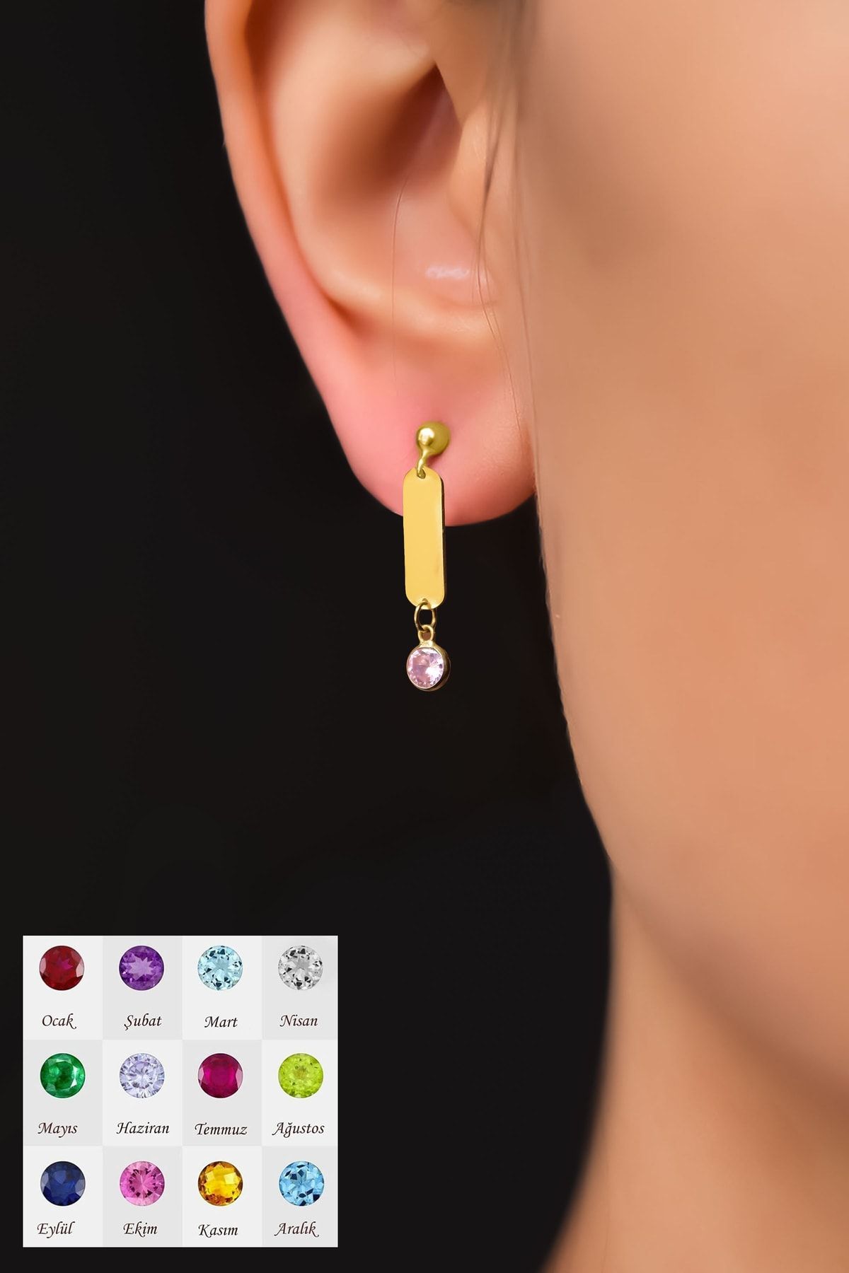 925 Ayar Gümüş Gold Kaplama Doğum Taşlı Çubuk Küpe