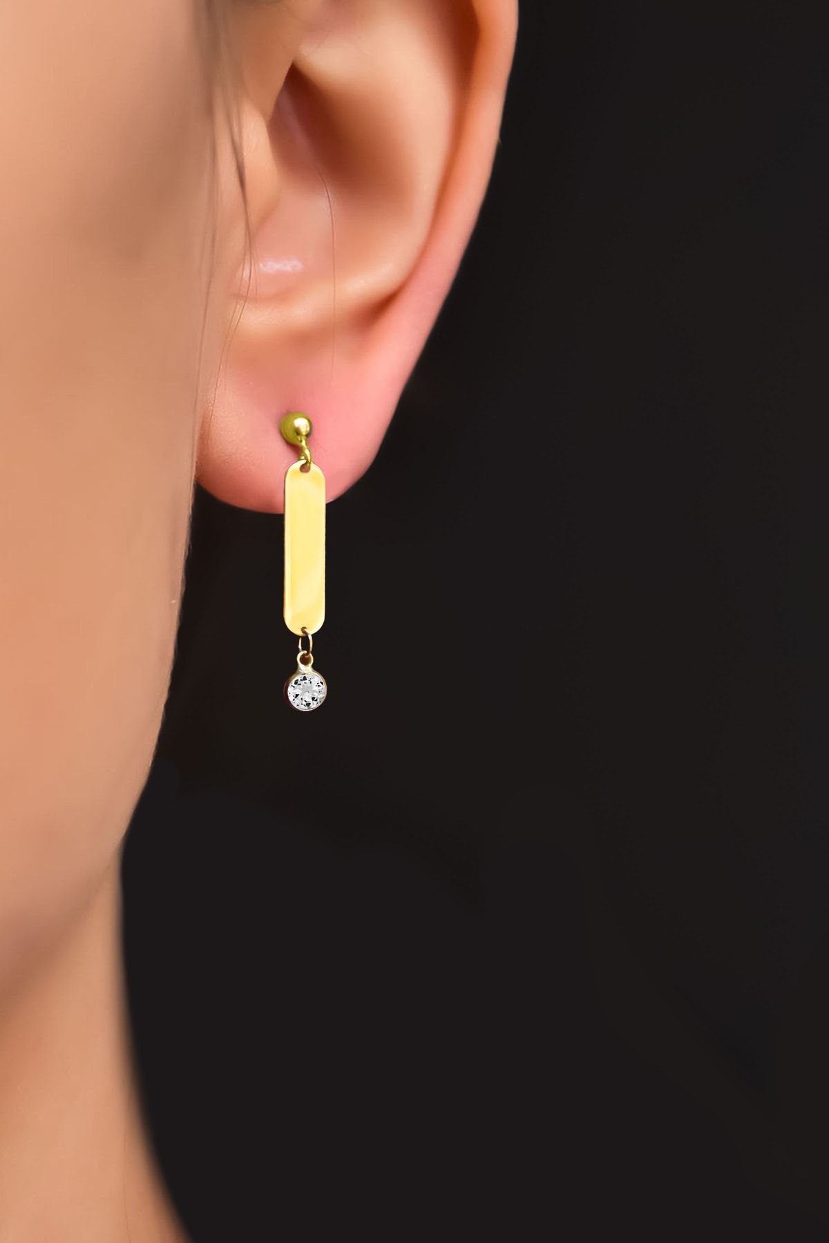 925 Ayar Gümüş Gold Kaplama Doğum Taşlı Çubuk Küpe