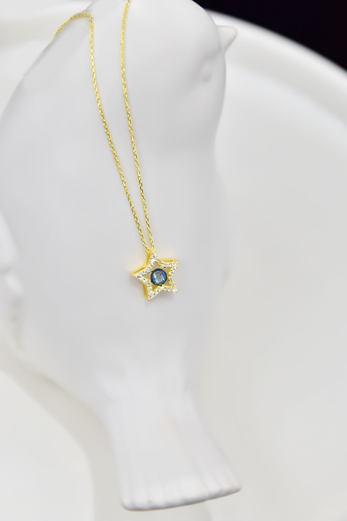 925 Ayar Gümüş Gold Kaplama Doğum Taşlı Montür Yıldız Kolye