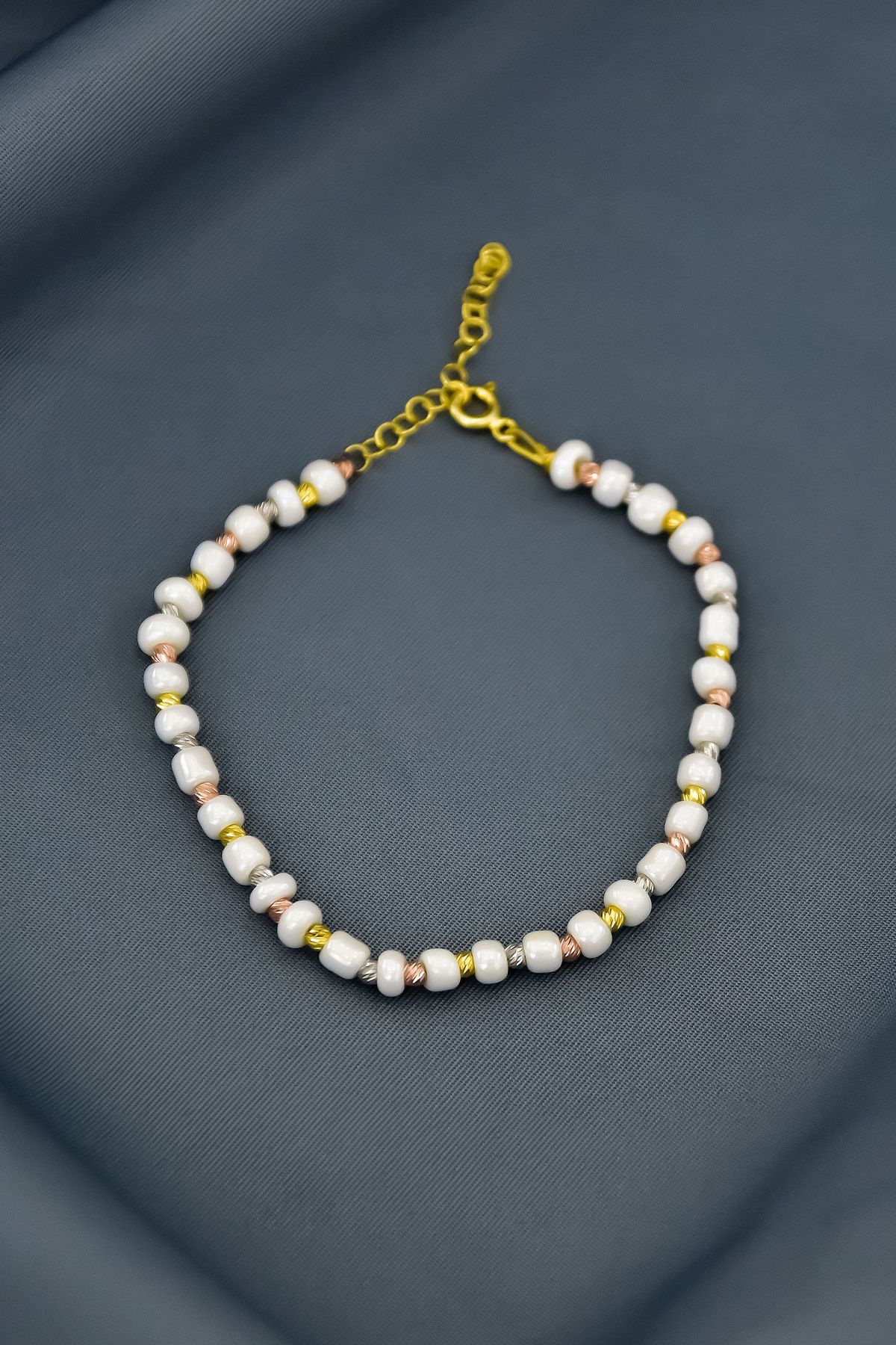 925 Ayar Gümüş Gold Kaplama Dorika Toplu , Beyaz Helezon Boncuk Bileklik