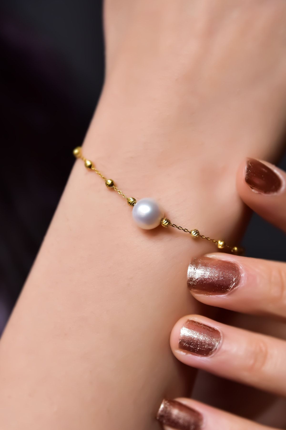 925 Ayar Gümüş Gold Kaplama Dorika Toplu Incili Bileklik