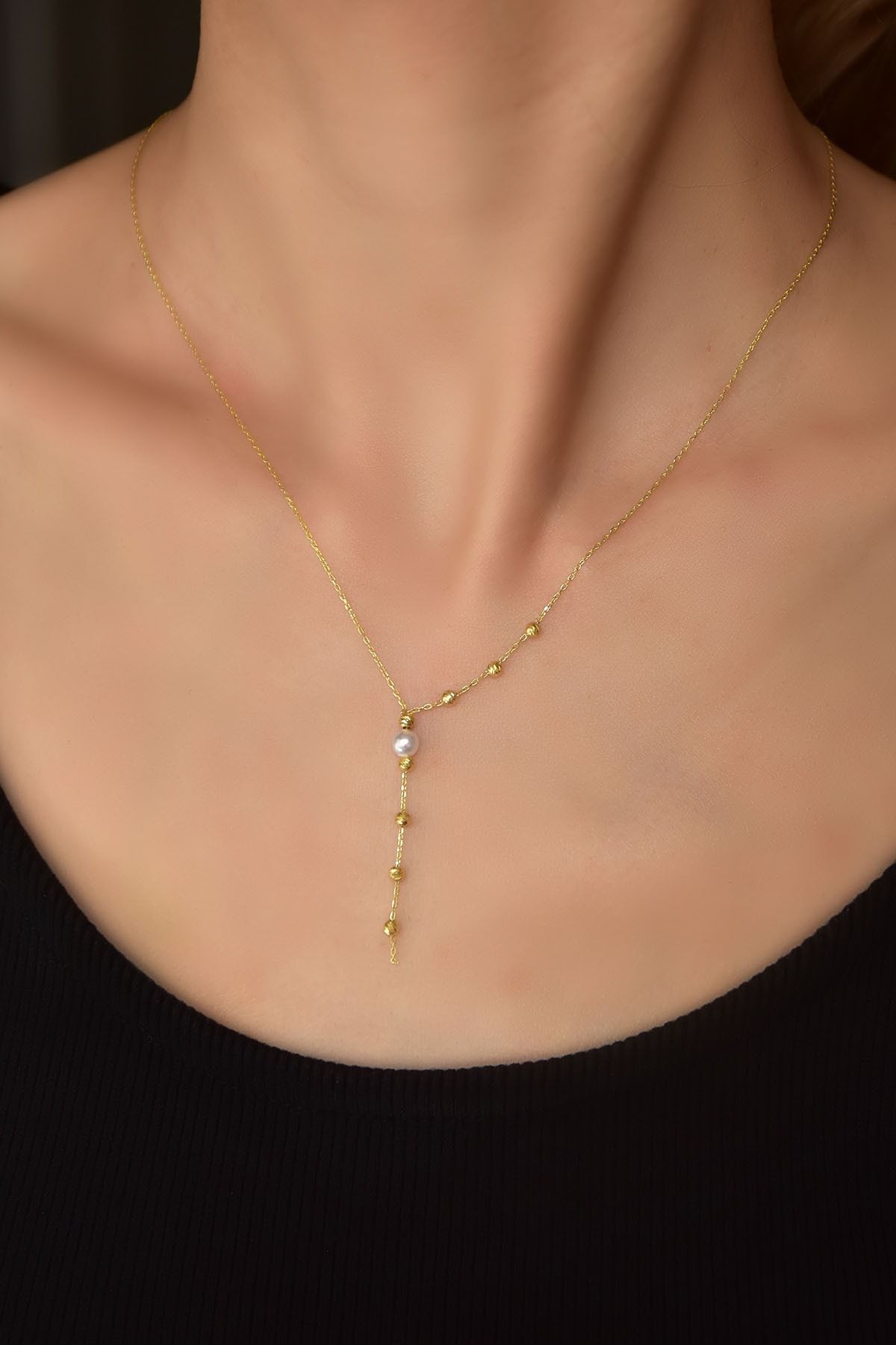 925 Ayar Gümüş Gold Kaplama Dorika Toplu Incili Kolye