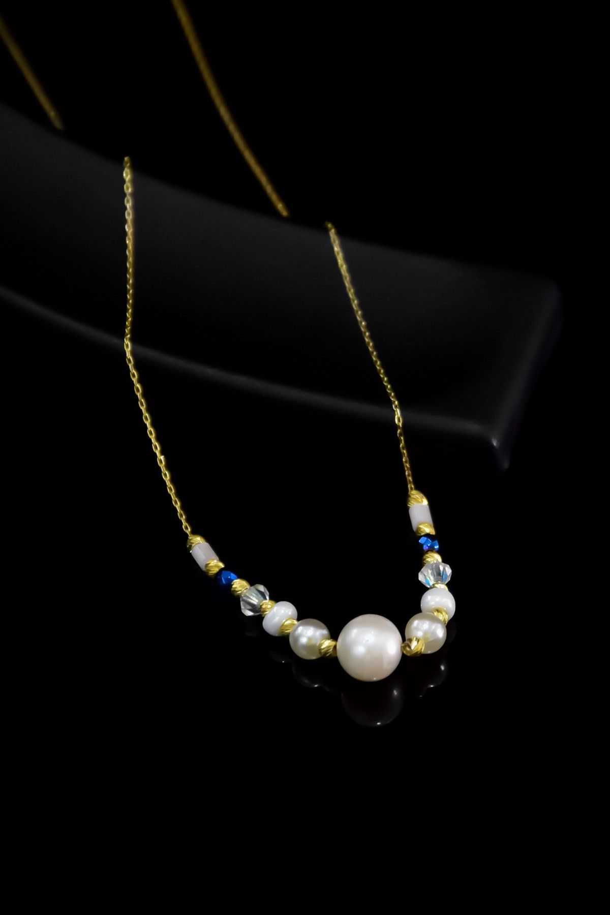 925 Ayar Gümüş Gold Kaplama Dorika Toplu , Incili Ve Boncuklu Kolye